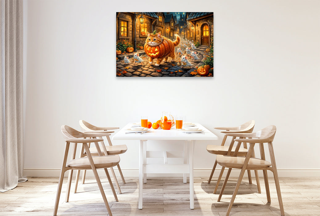Premium Textil-Leinwand Katze und Mäuse ziehen gemeinsam im Halloweenkostüm durch die Stadt