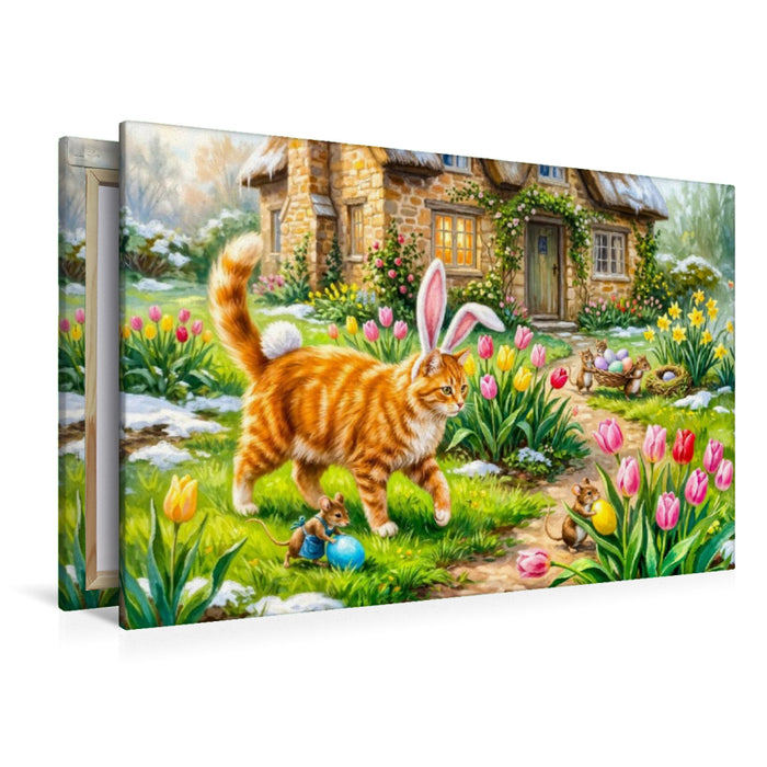 Premium Textil-Leinwand Katze mit Osterohren und Mäusen im frühlingshaften Cottagegarten unterwegs