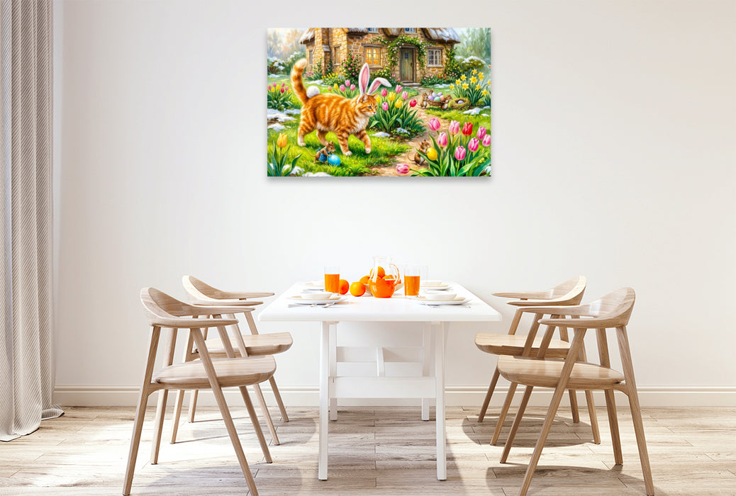 Premium Textil-Leinwand Katze mit Osterohren und Mäusen im frühlingshaften Cottagegarten unterwegs