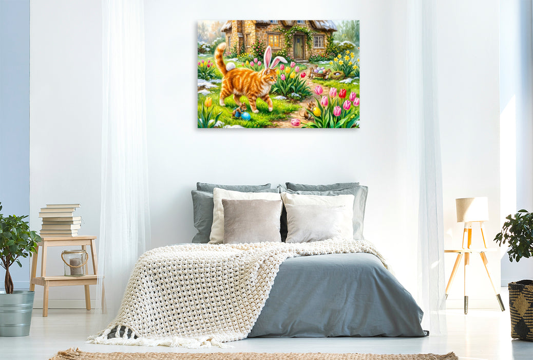 Premium Textil-Leinwand Katze mit Osterohren und Mäusen im frühlingshaften Cottagegarten unterwegs