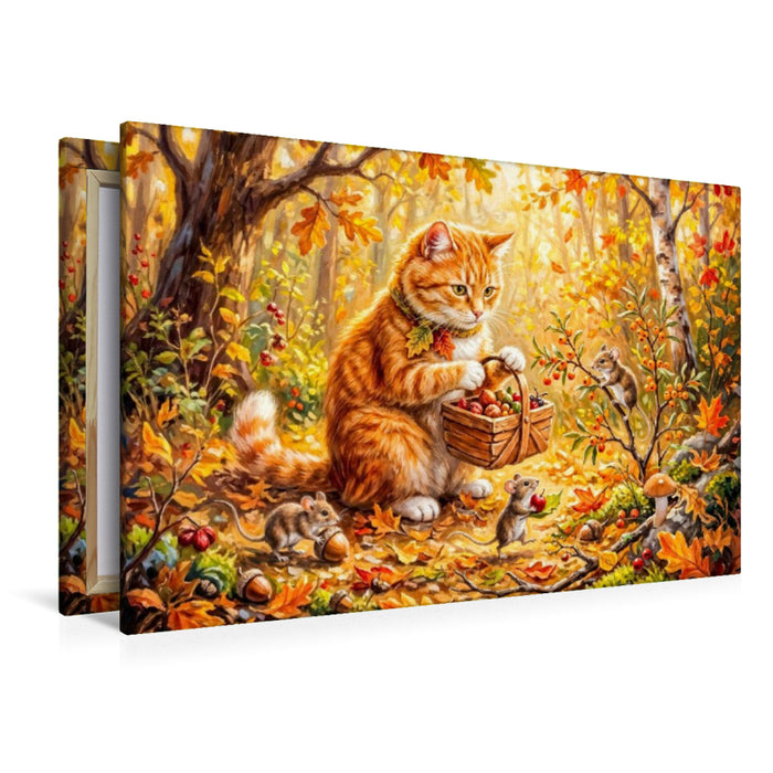 Premium Textil-Leinwand Katze hilft Mäusen beim Sammeln herbstlicher Waldvorräte für den Winter