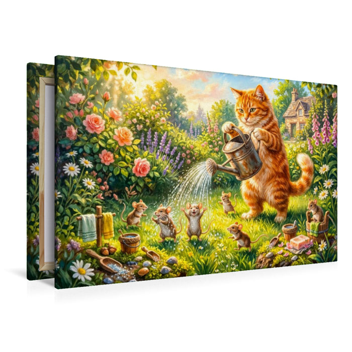 Premium Textil-Leinwand Katze duscht Mäuse im sommerlichen Cottagegarten für fröhlichen Badespaß