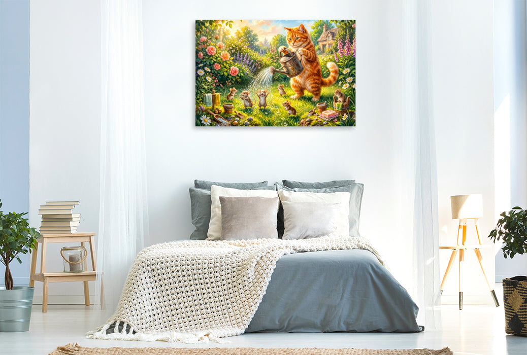 Premium Textil-Leinwand Katze duscht Mäuse im sommerlichen Cottagegarten für fröhlichen Badespaß
