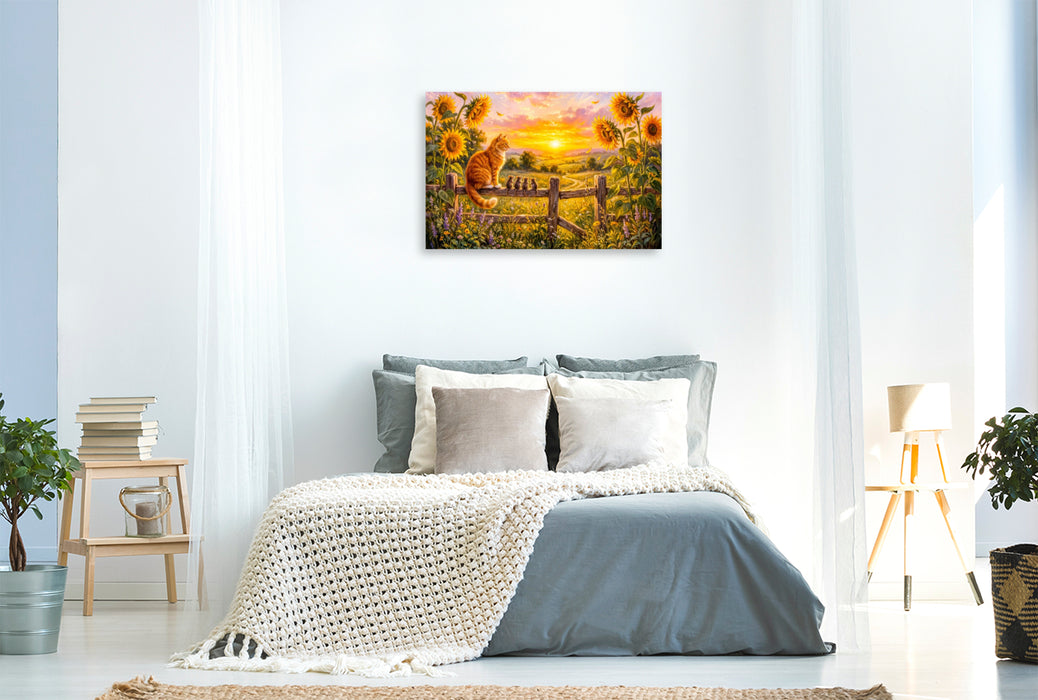 Premium Textil-Leinwand Katze und Mäuse schauen vom Zaunpfahl in sommerlichen Sonnenuntergang