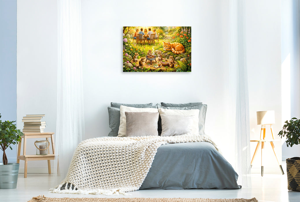 Premium Textil-Leinwand Mäuse feiern verstecktes Grillfest mit Katze und sommerlicher Gartenidylle