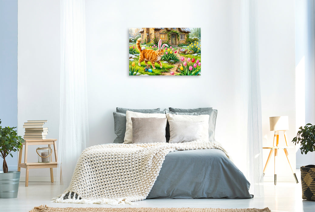Premium Textil-Leinwand Katze mit Osterohren und Mäusen im frühlingshaften Cottagegarten unterwegs