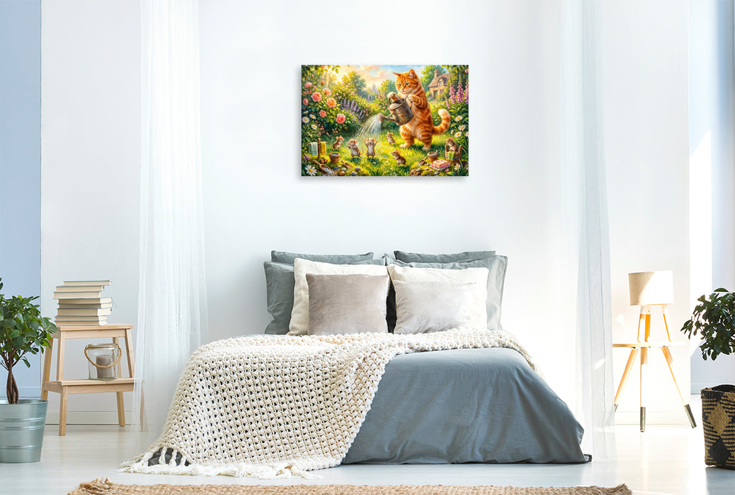 Premium Textil-Leinwand Katze duscht Mäuse im sommerlichen Cottagegarten für fröhlichen Badespaß