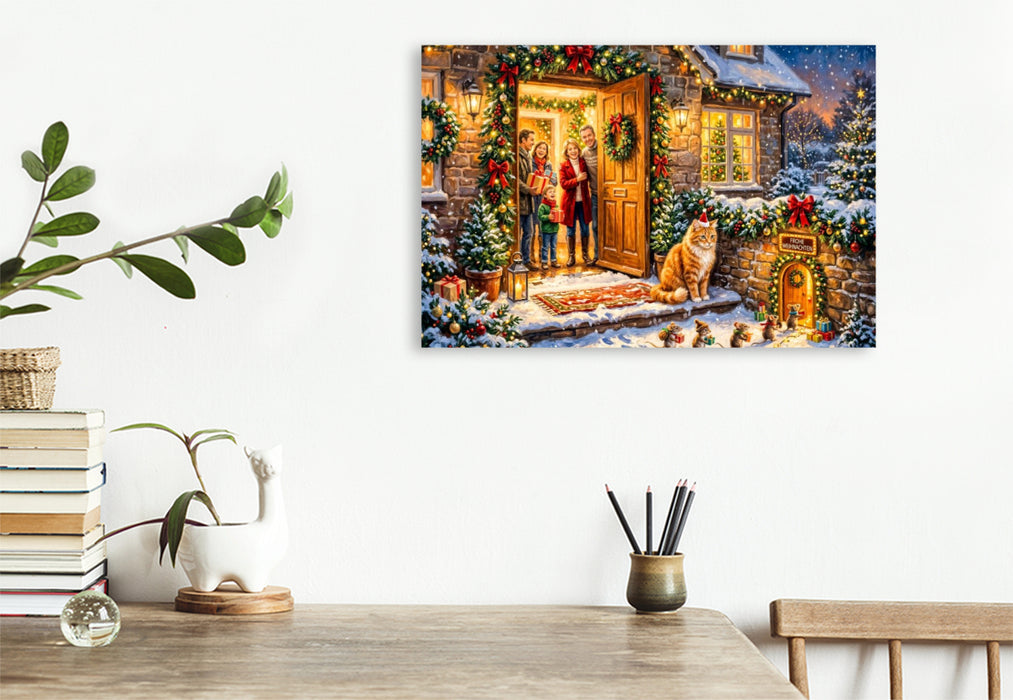 Premium Textil-Leinwand Weihnachtsszene mit Katze, Mäusen und Cottagehaus voller festlicher Freude