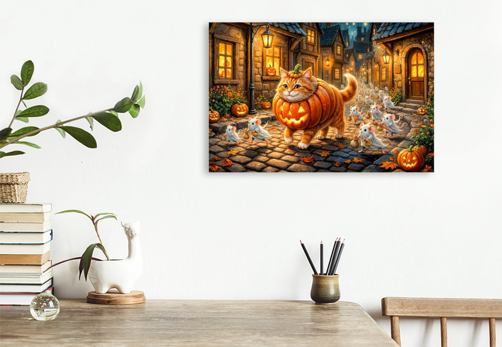 Premium Textil-Leinwand Katze und Mäuse ziehen gemeinsam im Halloweenkostüm durch die Stadt