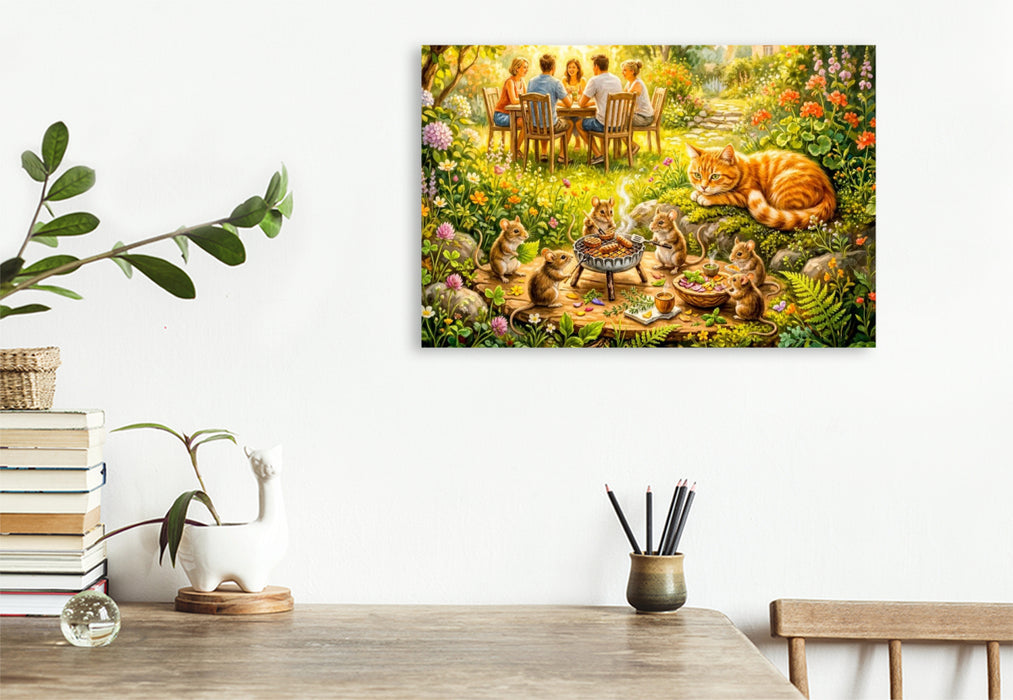 Premium Textil-Leinwand Mäuse feiern verstecktes Grillfest mit Katze und sommerlicher Gartenidylle