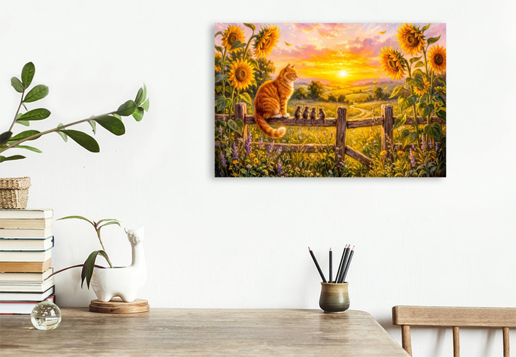 Premium Textil-Leinwand Katze und Mäuse schauen vom Zaunpfahl in sommerlichen Sonnenuntergang