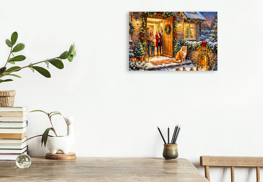 Premium Textil-Leinwand Weihnachtsszene mit Katze, Mäusen und Cottagehaus voller festlicher Freude