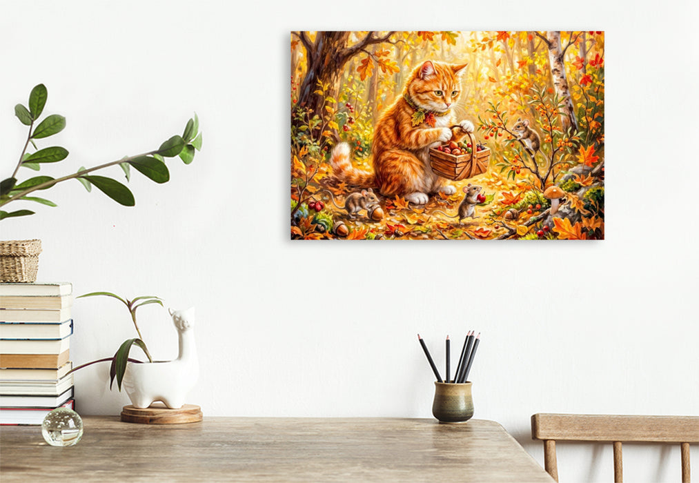 Premium Textil-Leinwand Katze hilft Mäusen beim Sammeln herbstlicher Waldvorräte für den Winter
