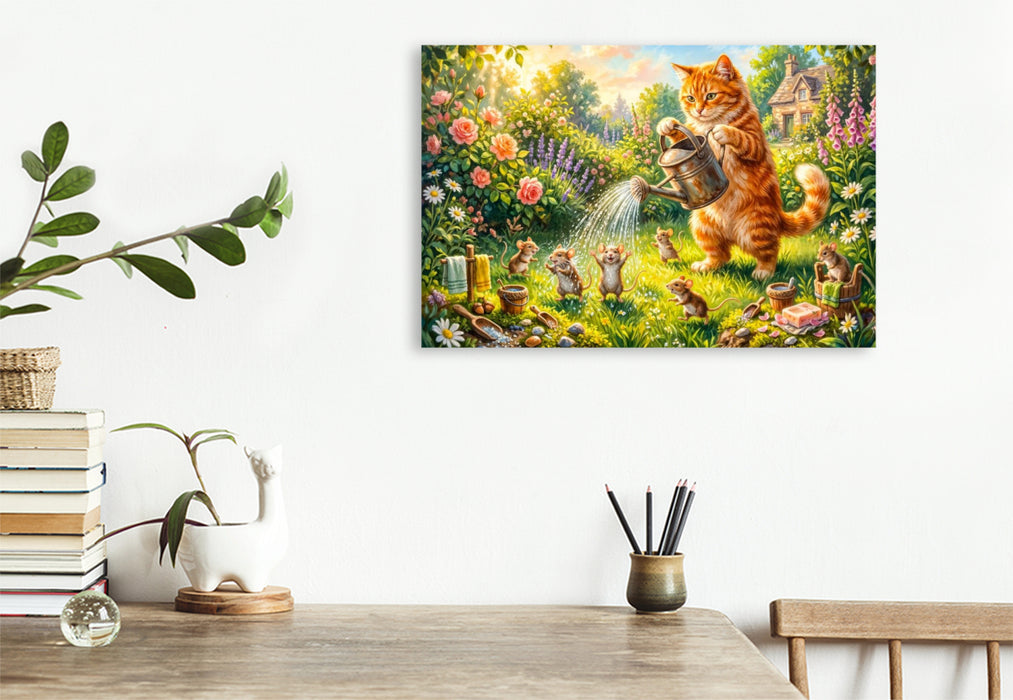 Premium Textil-Leinwand Katze duscht Mäuse im sommerlichen Cottagegarten für fröhlichen Badespaß