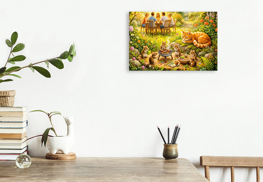 Premium Textil-Leinwand Mäuse feiern verstecktes Grillfest mit Katze und sommerlicher Gartenidylle