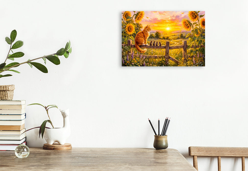 Premium Textil-Leinwand Katze und Mäuse schauen vom Zaunpfahl in sommerlichen Sonnenuntergang