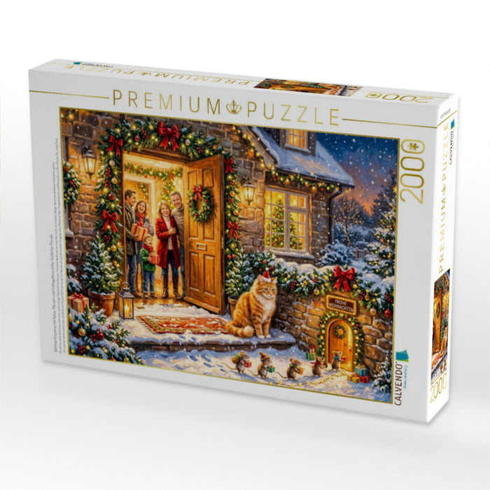 Weihnachtsszene mit Katze, Mäusen und Cottagehaus voller festlicher Freude - CALVENDO Foto-Puzzle'