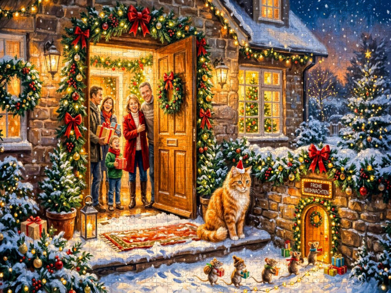 Weihnachtsszene mit Katze, Mäusen und Cottagehaus voller festlicher Freude - CALVENDO Foto-Puzzle'