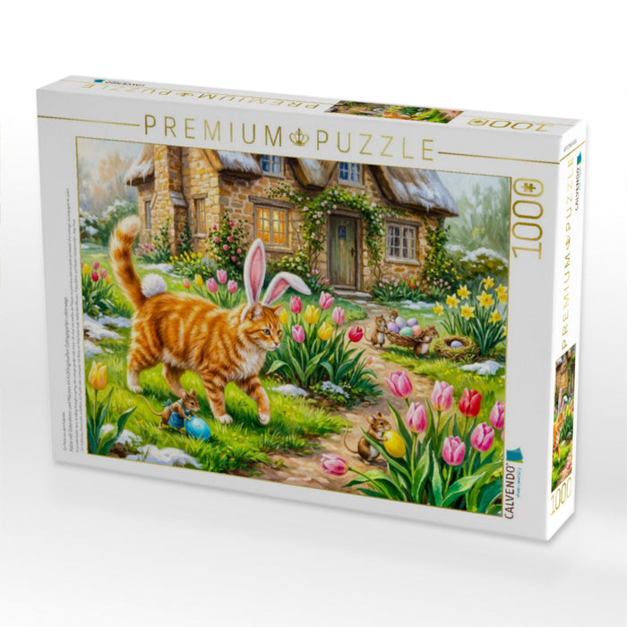 Katze mit Osterohren und Mäusen im frühlingshaften Cottagegarten unterwegs - CALVENDO Foto-Puzzle'