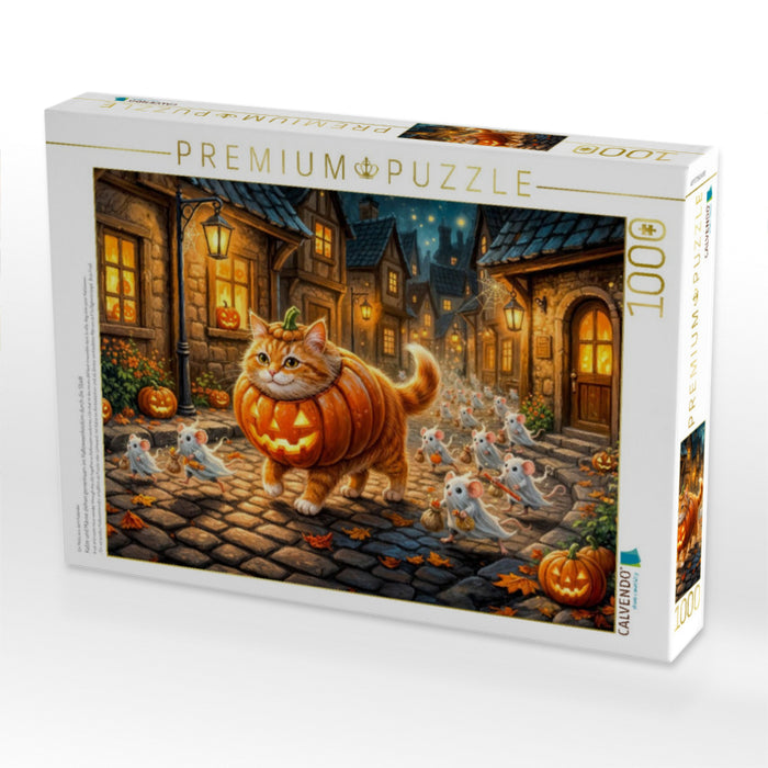 Katze und Mäuse ziehen gemeinsam im Halloweenkostüm durch die Stadt - CALVENDO Foto-Puzzle'