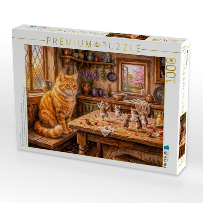 Katze beobachtet tanzende Mäuse auf dem Tisch in fröhlicher Szene - CALVENDO Foto-Puzzle'