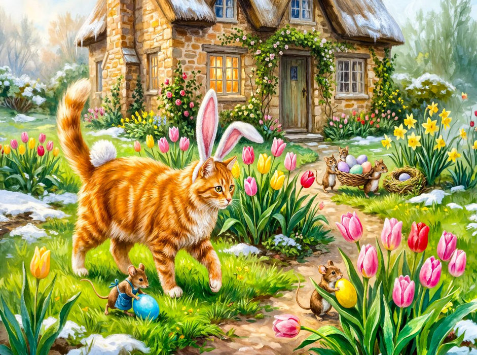 Katze mit Osterohren und Mäusen im frühlingshaften Cottagegarten unterwegs - CALVENDO Foto-Puzzle'