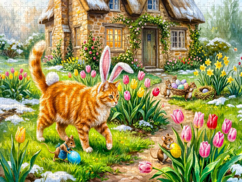 Katze mit Osterohren und Mäusen im frühlingshaften Cottagegarten unterwegs - CALVENDO Foto-Puzzle'