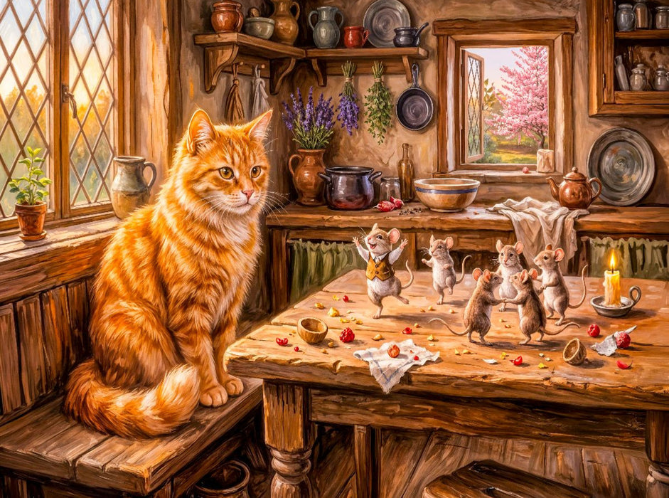 Katze beobachtet tanzende Mäuse auf dem Tisch in fröhlicher Szene - CALVENDO Foto-Puzzle'