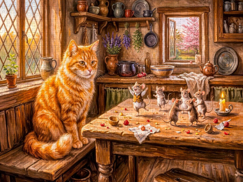 Katze beobachtet tanzende Mäuse auf dem Tisch in fröhlicher Szene - CALVENDO Foto-Puzzle'