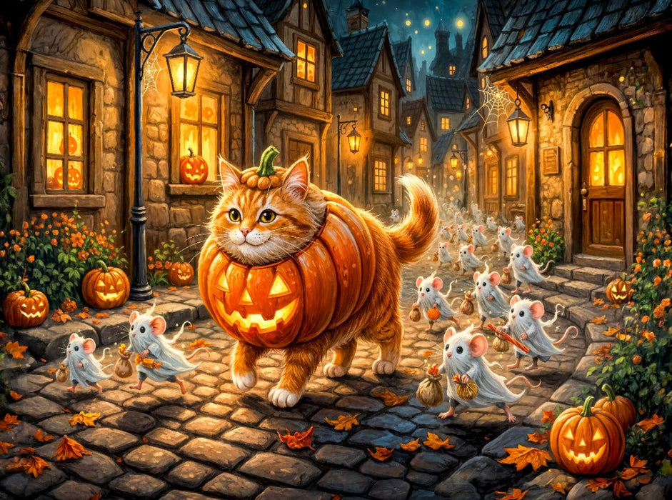 Katze und Mäuse ziehen gemeinsam im Halloweenkostüm durch die Stadt - CALVENDO Foto-Puzzle'