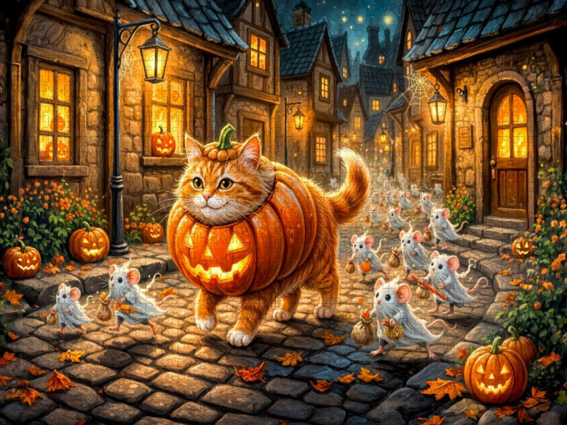 Katze und Mäuse ziehen gemeinsam im Halloweenkostüm durch die Stadt - CALVENDO Foto-Puzzle'