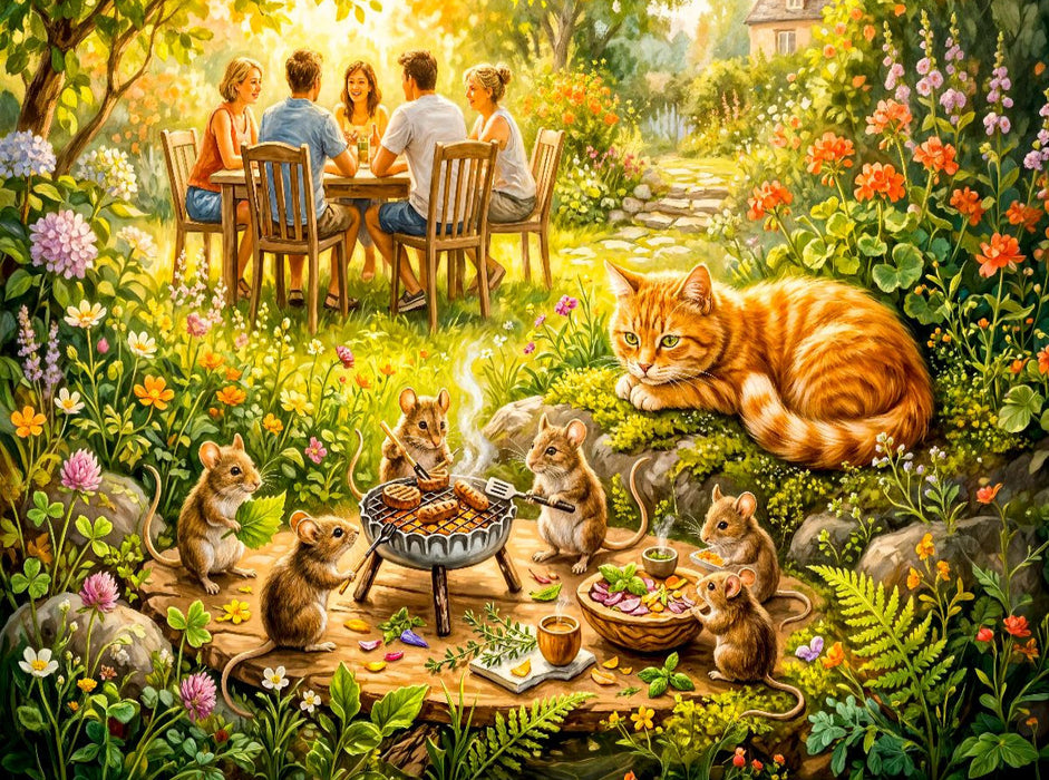 Mäuse feiern verstecktes Grillfest mit Katze und sommerlicher Gartenidylle - CALVENDO Foto-Puzzle'