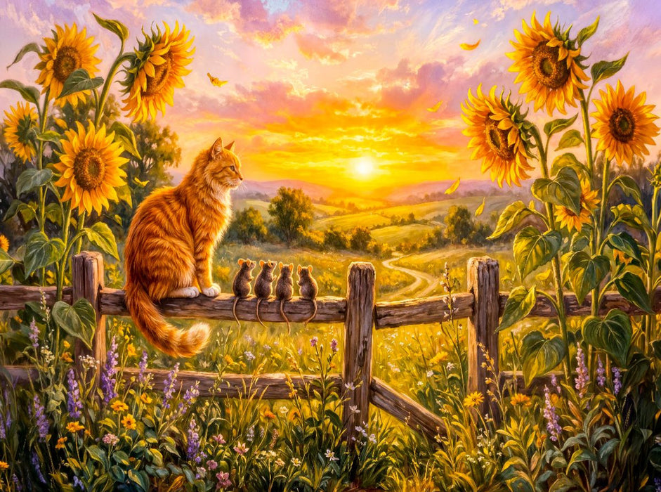 Katze und Mäuse schauen vom Zaunpfahl in sommerlichen Sonnenuntergang - CALVENDO Foto-Puzzle'
