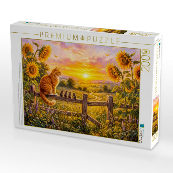 Katze und Mäuse schauen vom Zaunpfahl in sommerlichen Sonnenuntergang - CALVENDO Foto-Puzzle'