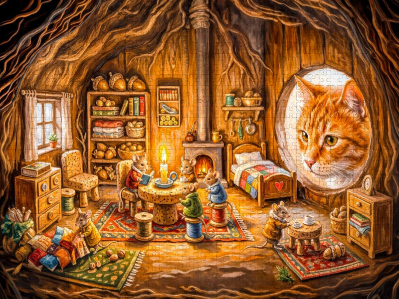 Katze entdeckt gemütliche Mäusewohnung mit Bettchen und kleinem Korkentisch - CALVENDO Foto-Puzzle'