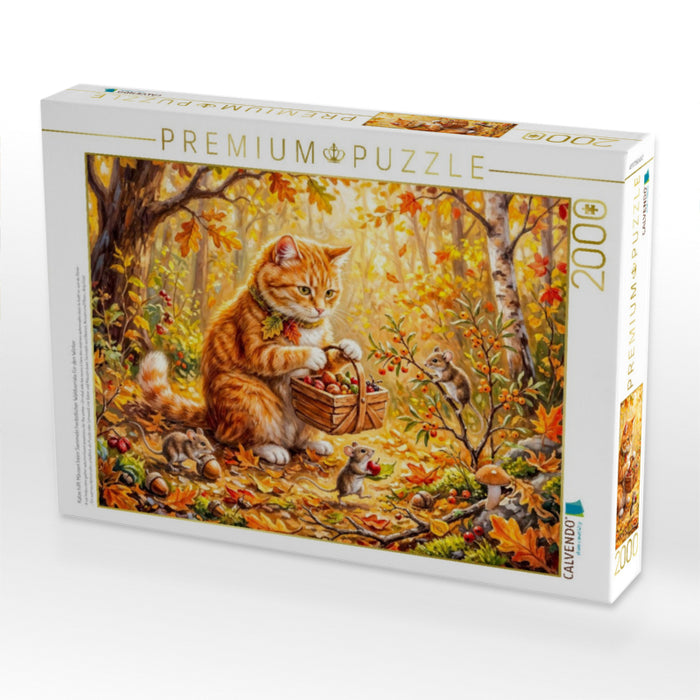 Katze hilft Mäusen beim Sammeln herbstlicher Waldvorräte für den Winter - CALVENDO Foto-Puzzle'