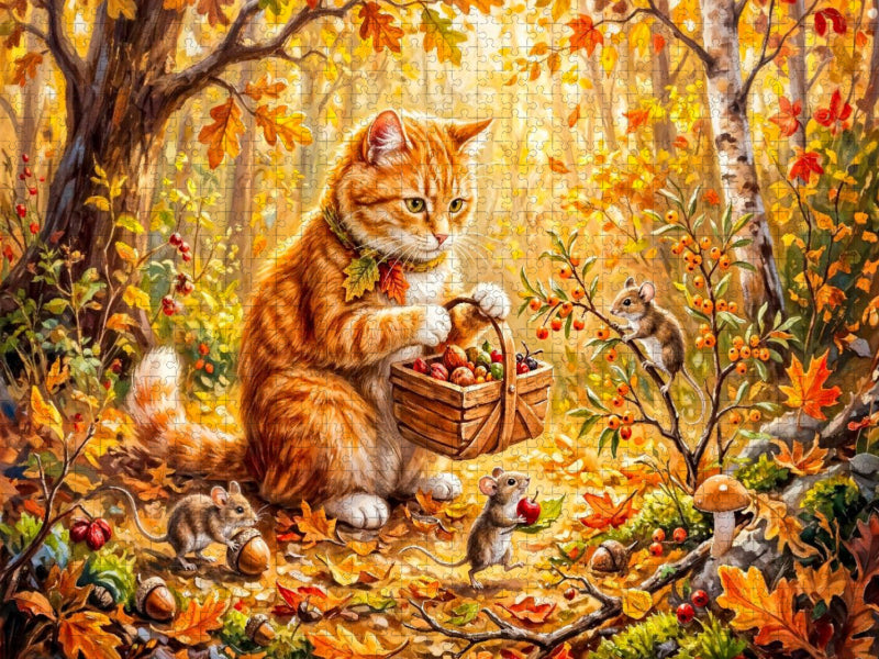 Katze hilft Mäusen beim Sammeln herbstlicher Waldvorräte für den Winter - CALVENDO Foto-Puzzle'