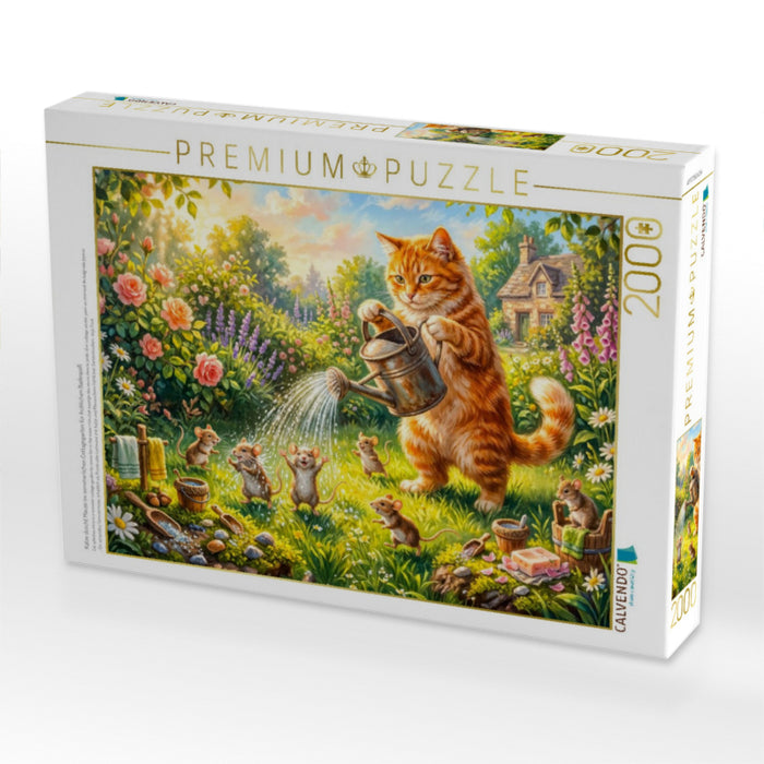Katze duscht Mäuse im sommerlichen Cottagegarten für fröhlichen Badespaß - CALVENDO Foto-Puzzle'