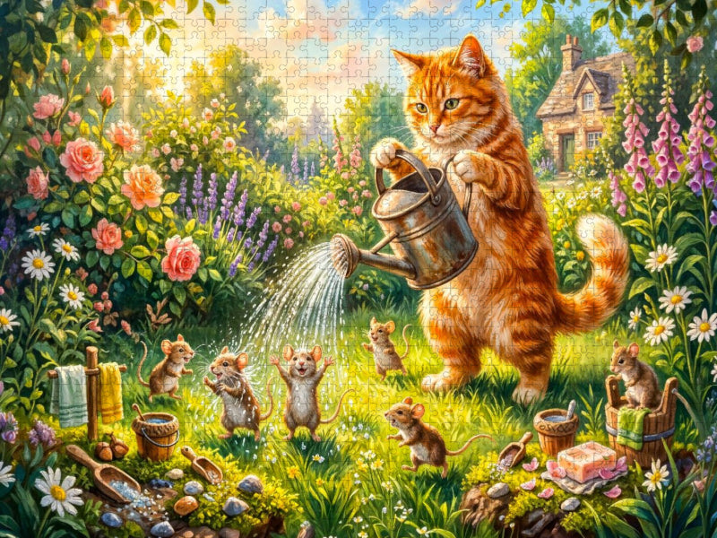 Katze duscht Mäuse im sommerlichen Cottagegarten für fröhlichen Badespaß - CALVENDO Foto-Puzzle'