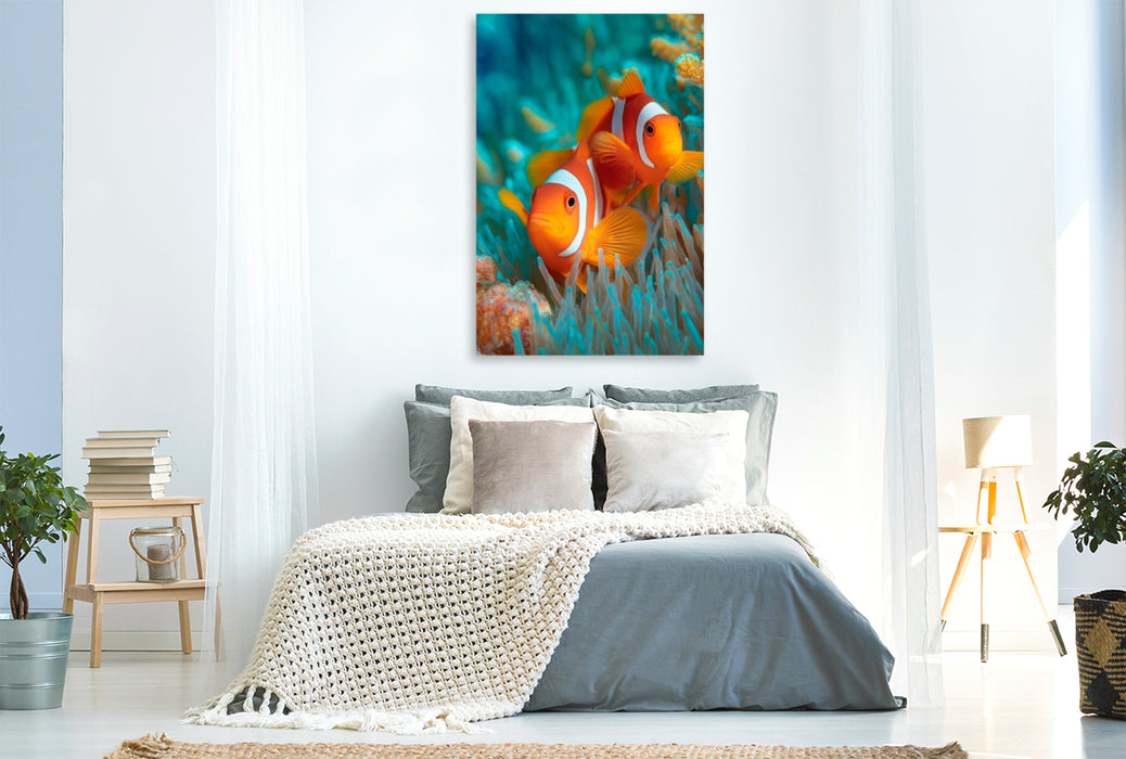 Premium Textil-Leinwand Clownfische im Korallenriff