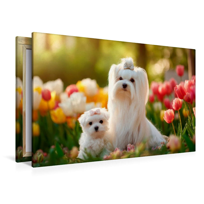 Premium Textil-Leinwand Malteser - Zauberhafter Frühlingsmoment