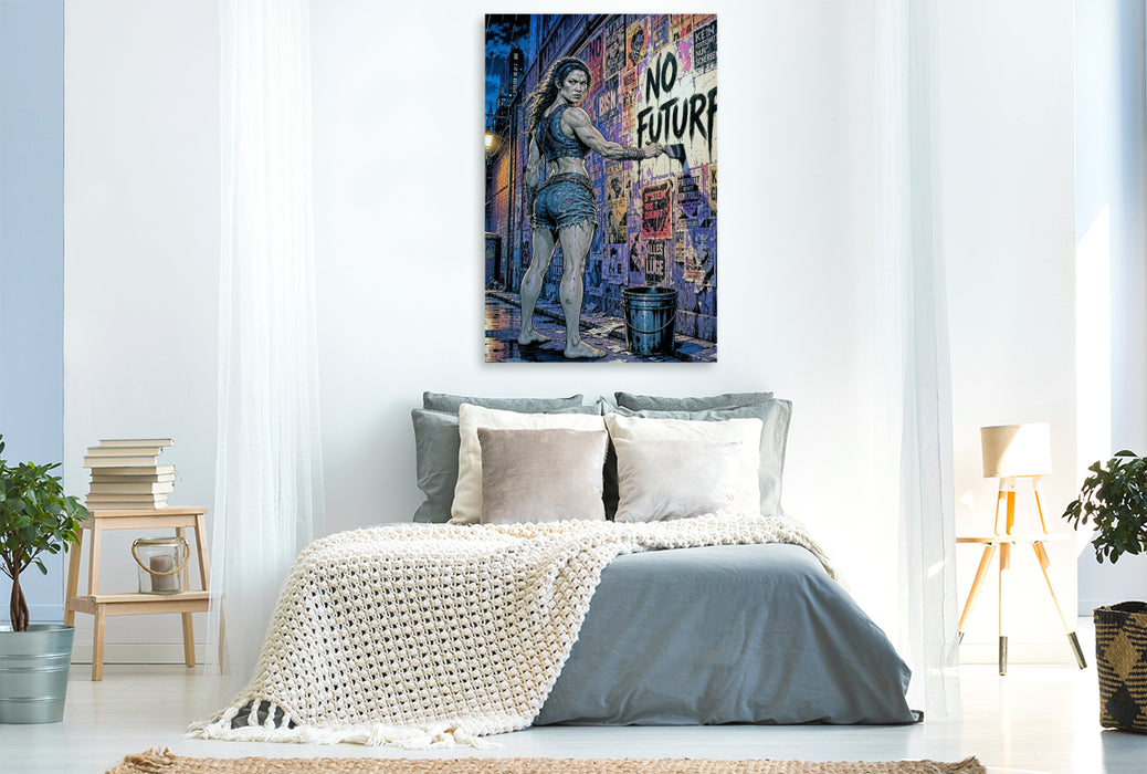 Premium Textil-Leinwand Kämpferische Scarlet: Mit schwarzer Farbe gegen das System.
