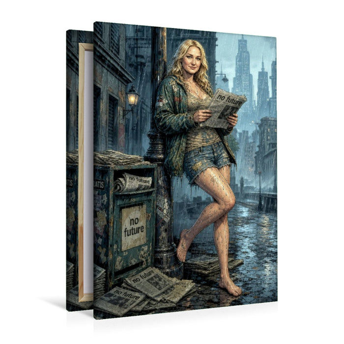 Premium Textil-Leinwand Nachdenkliche Bridget: Schlagzeilen ohne Hoffnung im Regen.