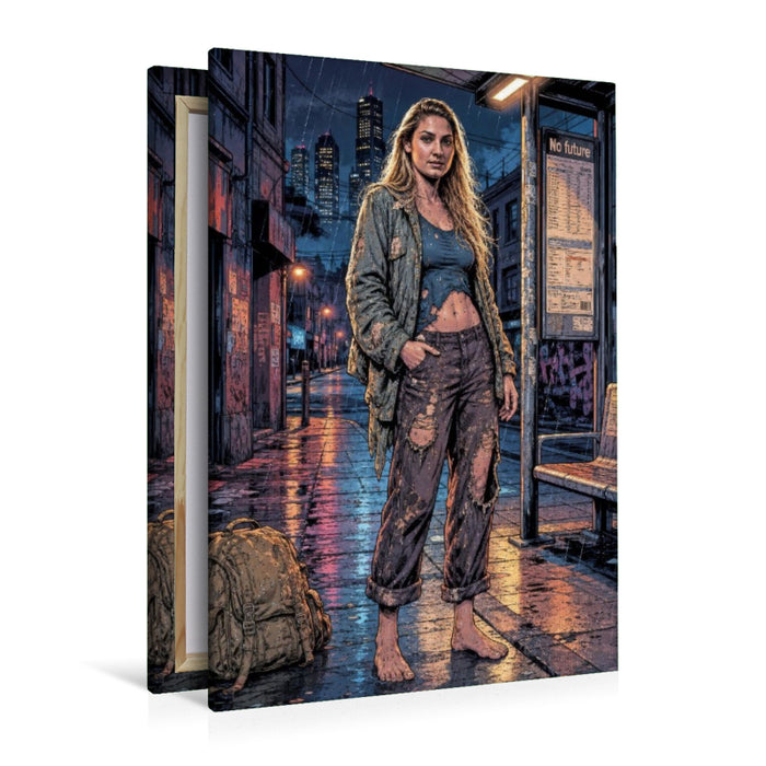Premium Textil-Leinwand Unbeugsame Agada: Langes Warten an der verlassenen Busstation.
