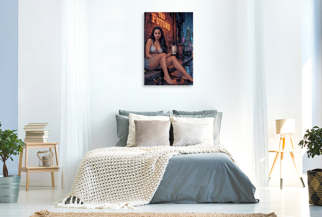 Premium Textil-Leinwand Lethargische Morgan: Kälte, Regen und billiger Kaffee.