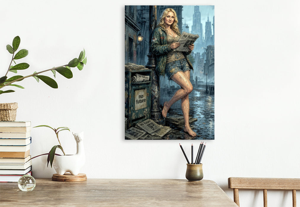 Premium Textil-Leinwand Nachdenkliche Bridget: Schlagzeilen ohne Hoffnung im Regen.