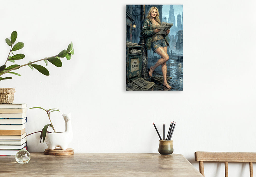 Premium Textil-Leinwand Nachdenkliche Bridget: Schlagzeilen ohne Hoffnung im Regen.