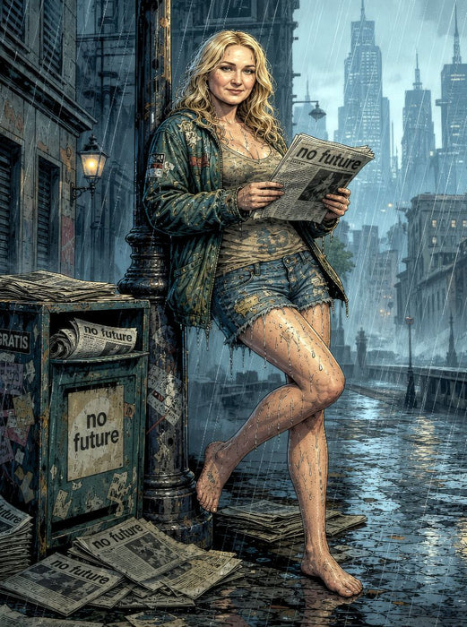 Nachdenkliche Bridget: Schlagzeilen ohne Hoffnung im Regen. - CALVENDO Foto-Puzzle'