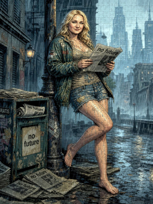 Nachdenkliche Bridget: Schlagzeilen ohne Hoffnung im Regen. - CALVENDO Foto-Puzzle'