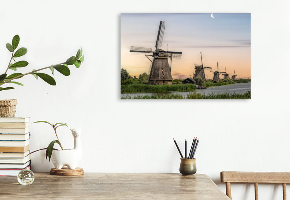 Premium Textil-Leinwand Windmühlen im Abendlicht
